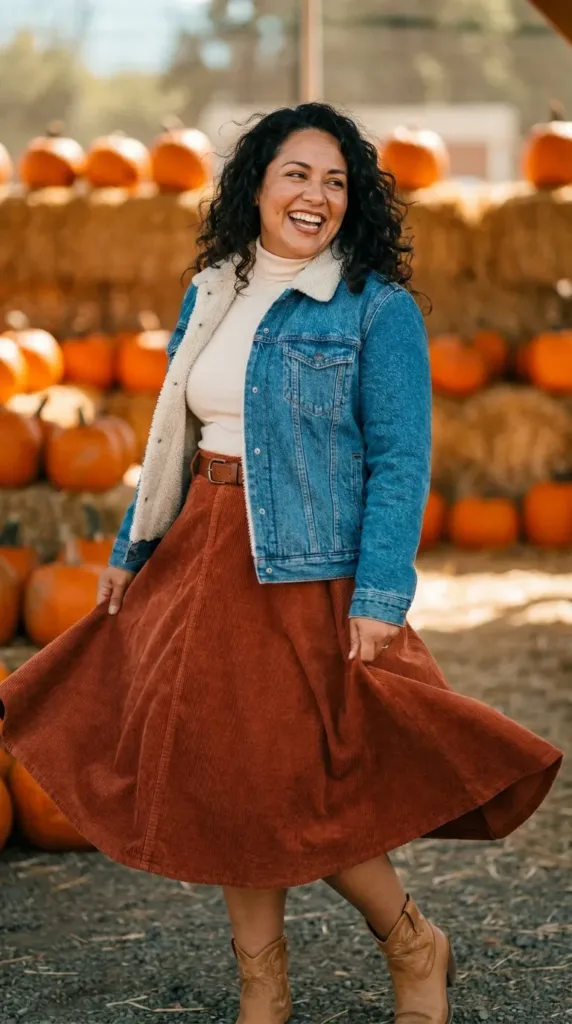 Woman in a shearling-lined denim jacket, rust corduroy midi skirt and western boots at a fall farm stand
