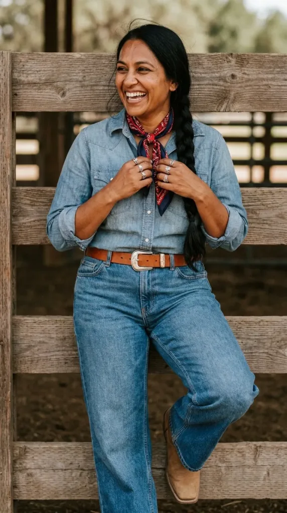 Woman in chambray shirt, wide-leg jeans and silk scarf at a ranch, a denim Boho western outfit