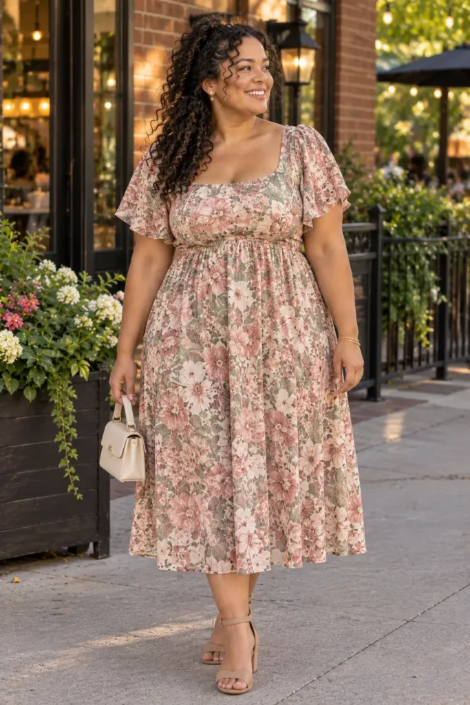  Curvy woman in a floral empire-waist sundress with flutter sleeves outside a restaurant for family dinner