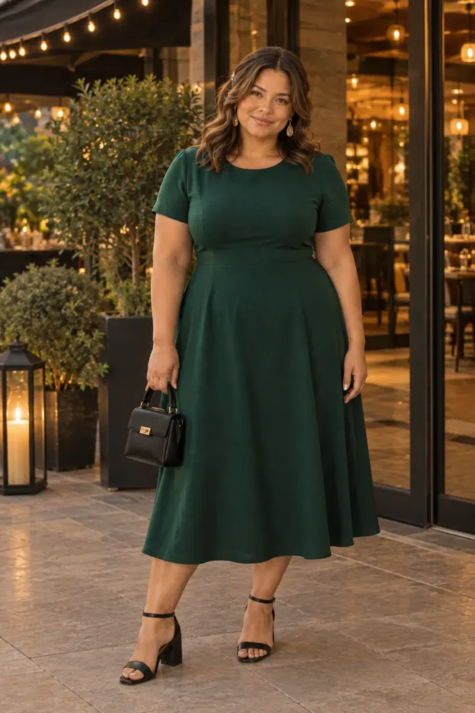 10 Plus Size Classy Summer Outfits for Curvy Women 10 Plus size emerald fit-and-flare dress with black block heels, classy summer dinner outfit