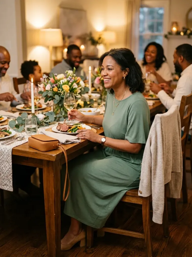 Plus size sage dress outfit for a long Easter dinner into evening dessert