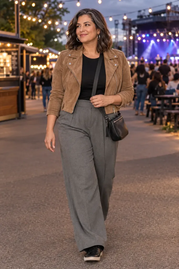 tan suede moto jacket and gray wide-leg trousers