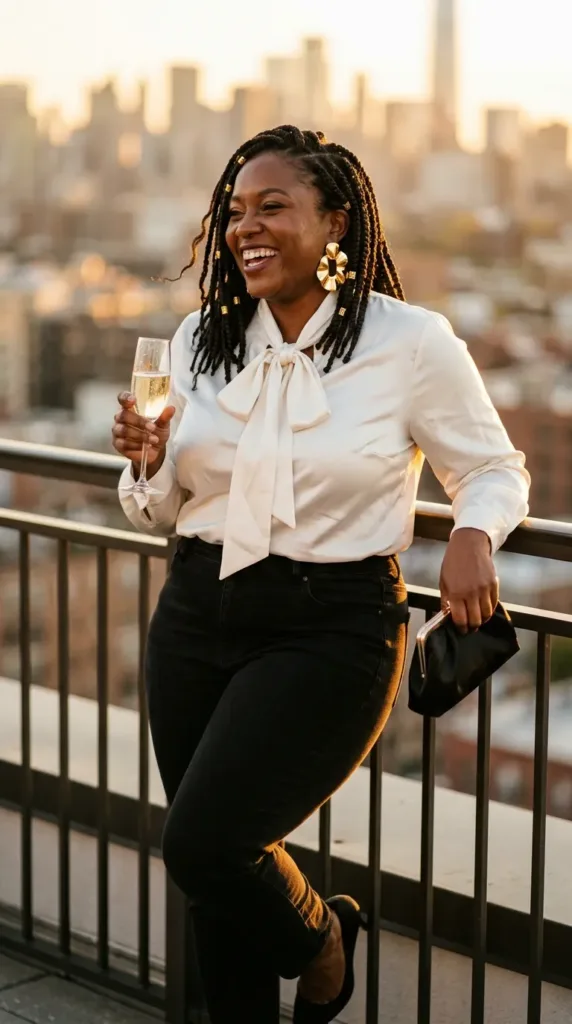 Black jeans dinner outfit with a satin blouse, statement earrings and kitten heels on a rooftop