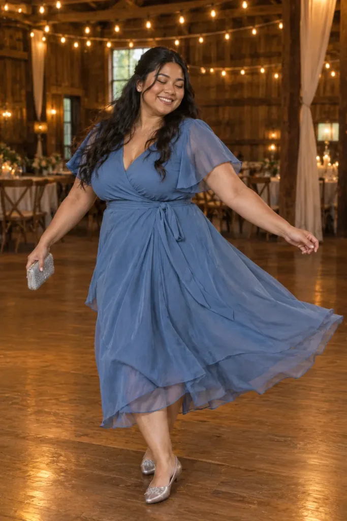 Plus size girl in a dusty blue chiffon midi dress and flats for a homecoming dance