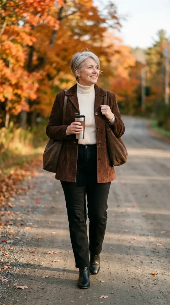 Black jeans outfit with a brown suede jacket and cream turtleneck on a country road in fall