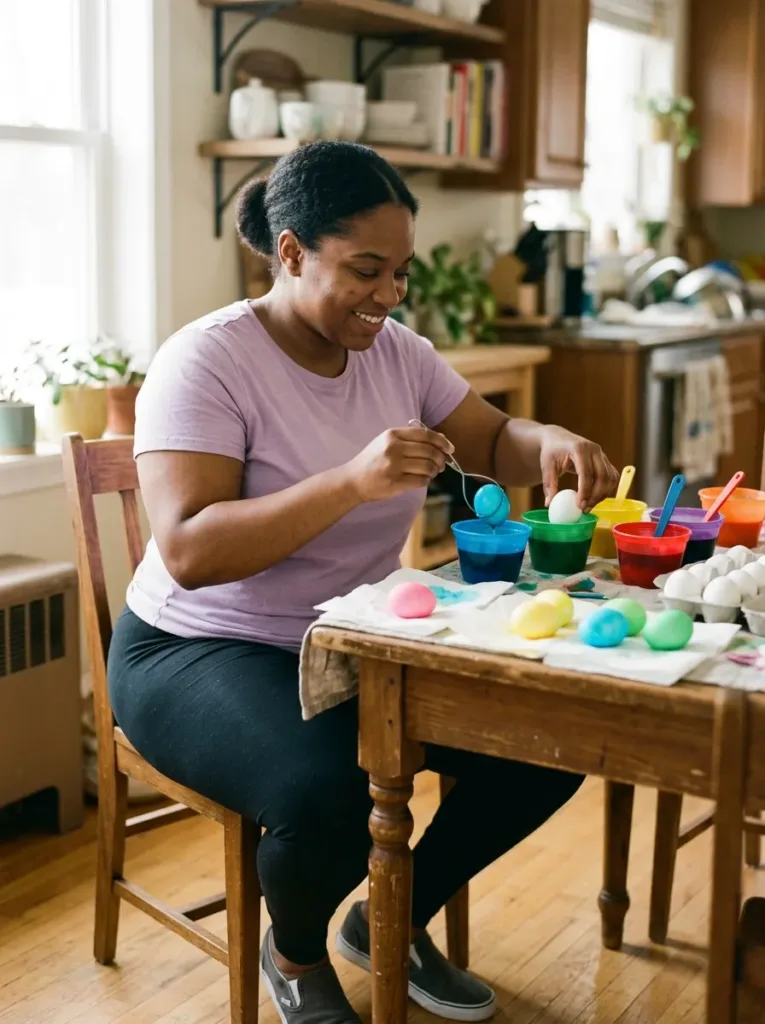 Plus size practical outfit for messy Easter egg dyeing activities