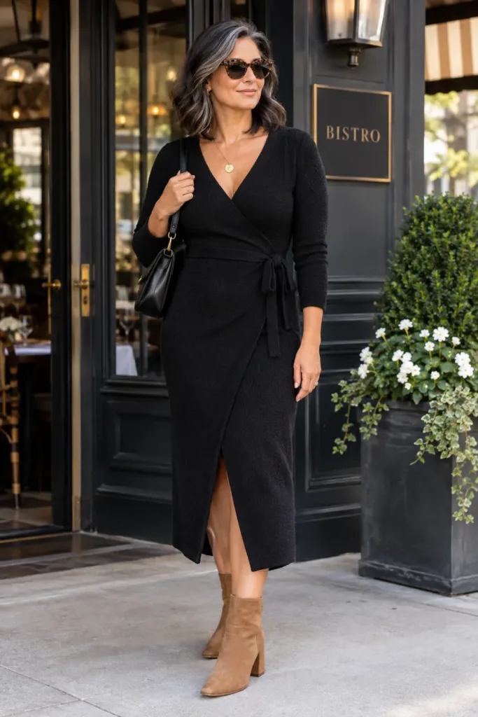 Black knit wrap dress and block heels