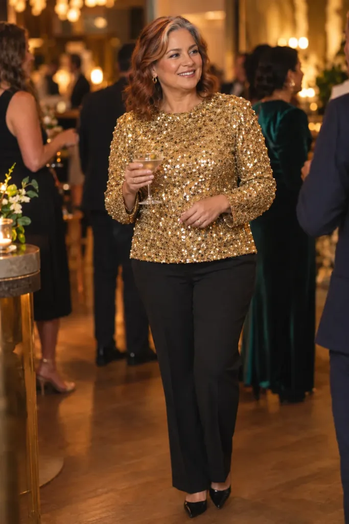 Woman over 50 wearing embellished top