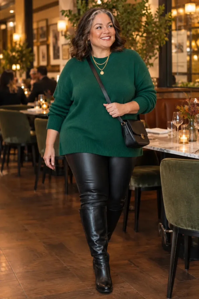 Emerald sweater and faux leather leggings