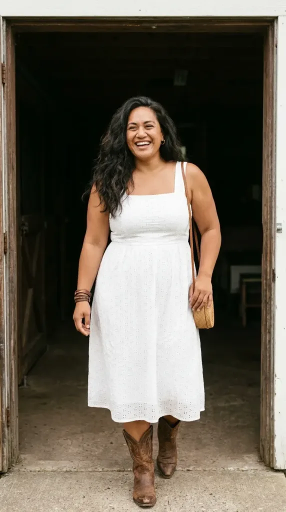 Plus-size woman in a white eyelet midi dress and distressed cowboy boots, a summer Boho western outfit
