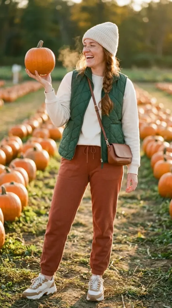 Rust cuffed joggers sweatpants outfit with a green quilted vest and chunky sneakers for fall