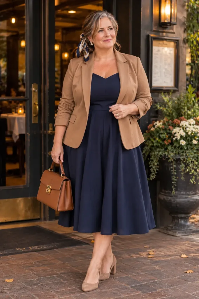 Fall Outfits for Plus-Size Women Over 50 That Feel Comfortable and Stylish 10 Plus-size woman over 50 in navy midi dress