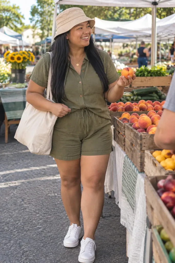 10 Stunning Plus Size Summer Nashville Outfits for Curvy Women 9 Β Curvy woman in an olive linen short set shopping peaches at a Nashville farmers market
