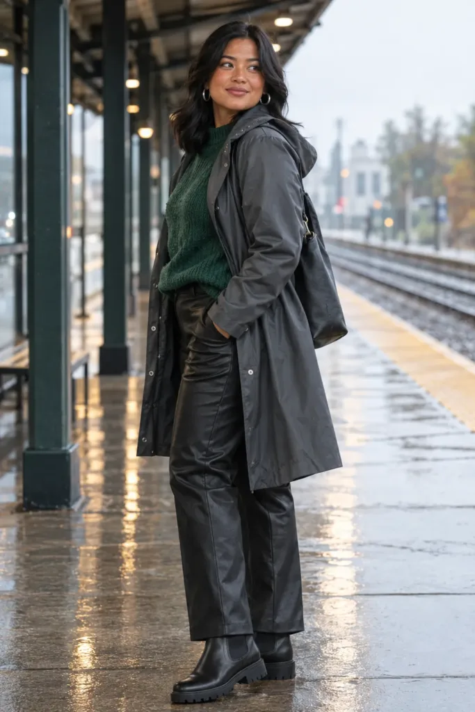 Plus size woman in faux leather pants and green sweater on a train platform on a rainy fall workday