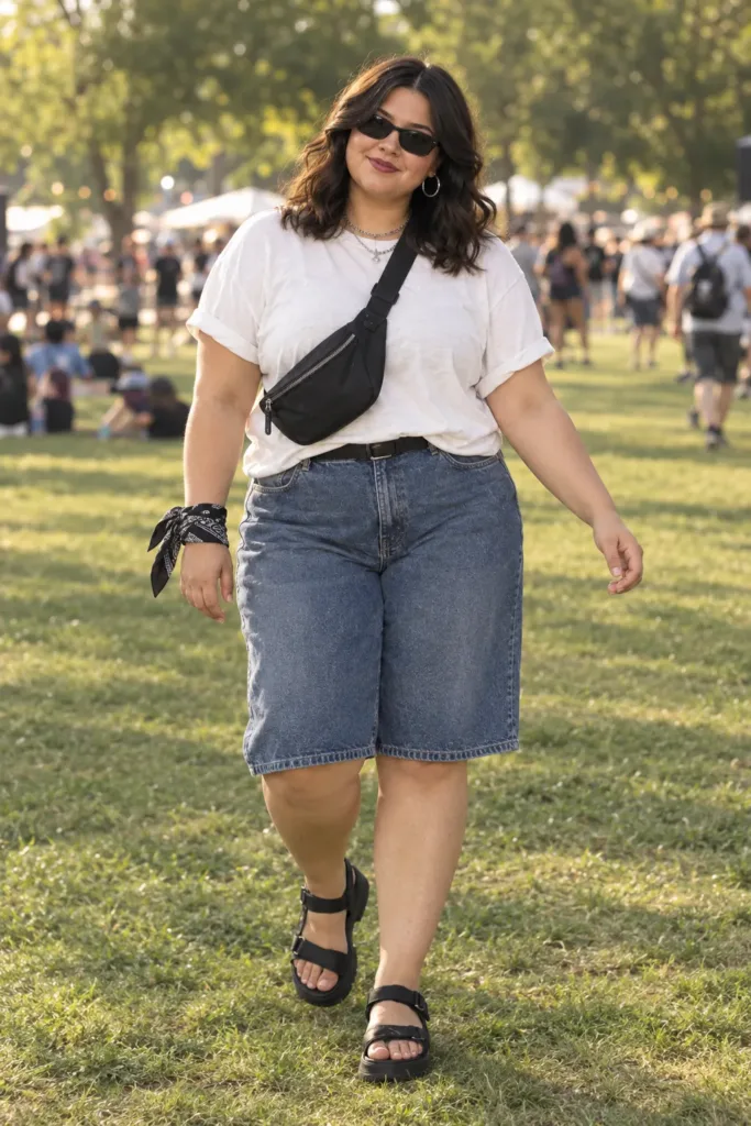 10 Plus Size Alt Summer Outfits for Curvy Women 6 Plus size woman in denim Bermuda shorts and white tee at a summer music festival