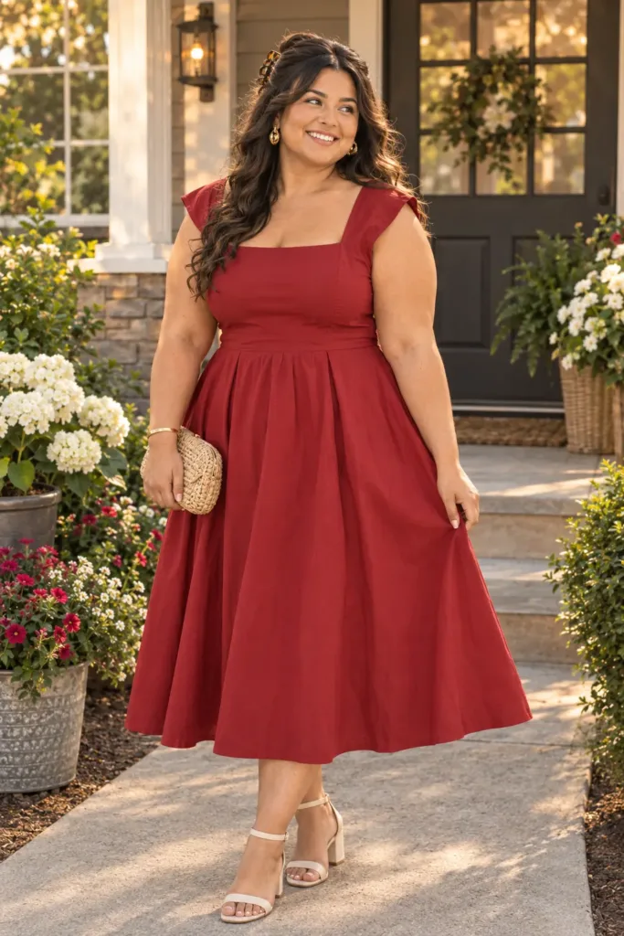 Plus size cherry red fit and flare midi dress with cream block heels on a front porch