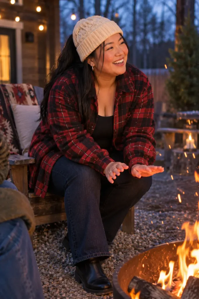 Curvy woman in plaid flannel shirt-jacket, black tank and bootcut jeans by a bonfire, casual fall outfit idea