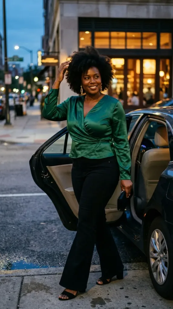 Black flare jeans outfit with a green satin wrap top and block heels for date night