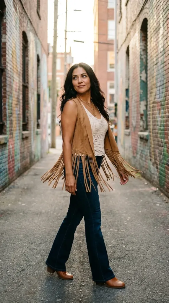 Plus-size woman in flare jeans, crochet top and suede fringe vest, styled as a boho western outfit