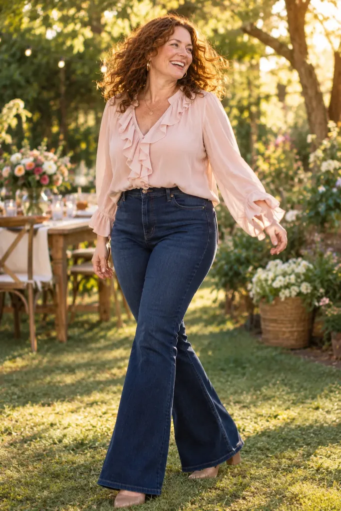 Woman over 50 in trendy flared jeans
