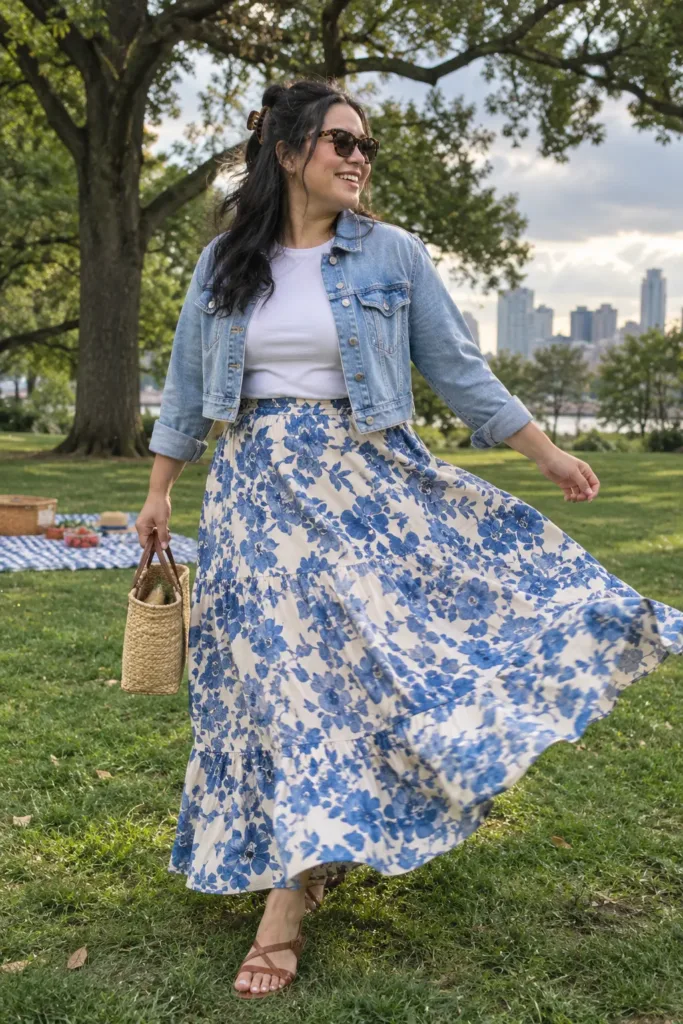  Curvy woman in floral maxi skirt and cropped denim jacket at a park picnic