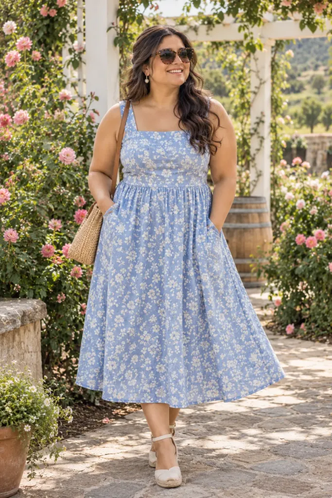 Curvy woman in a blue floral pocket midi dress, a budget-friendly plus size winery outfit