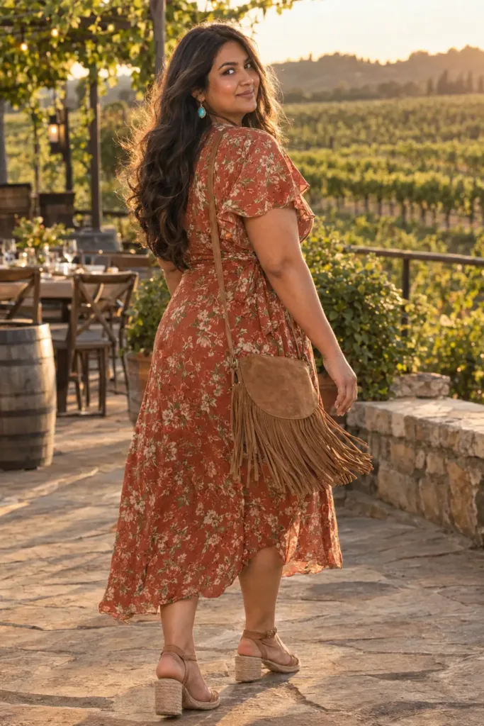  Curvy woman in a rust floral wrap midi dress with a suede fringe bag, a plus size boho summer dinner outfit