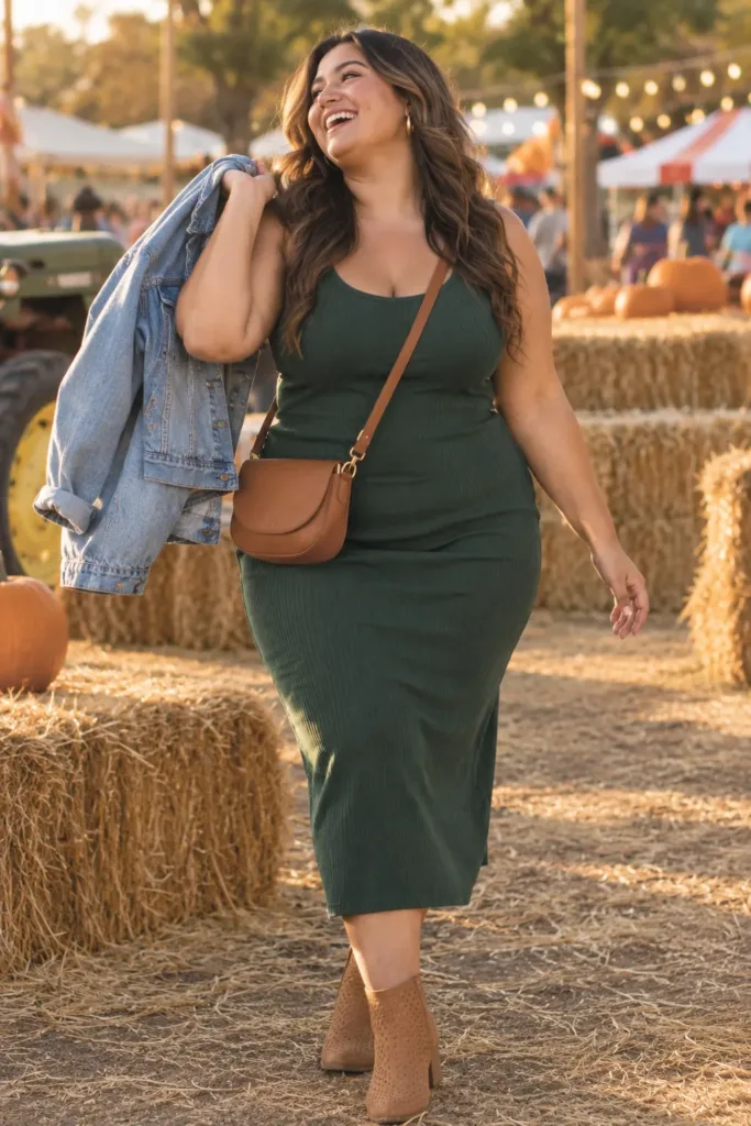 Plus size woman in a forest green midi dress with a denim jacket at a warm weather fall festival