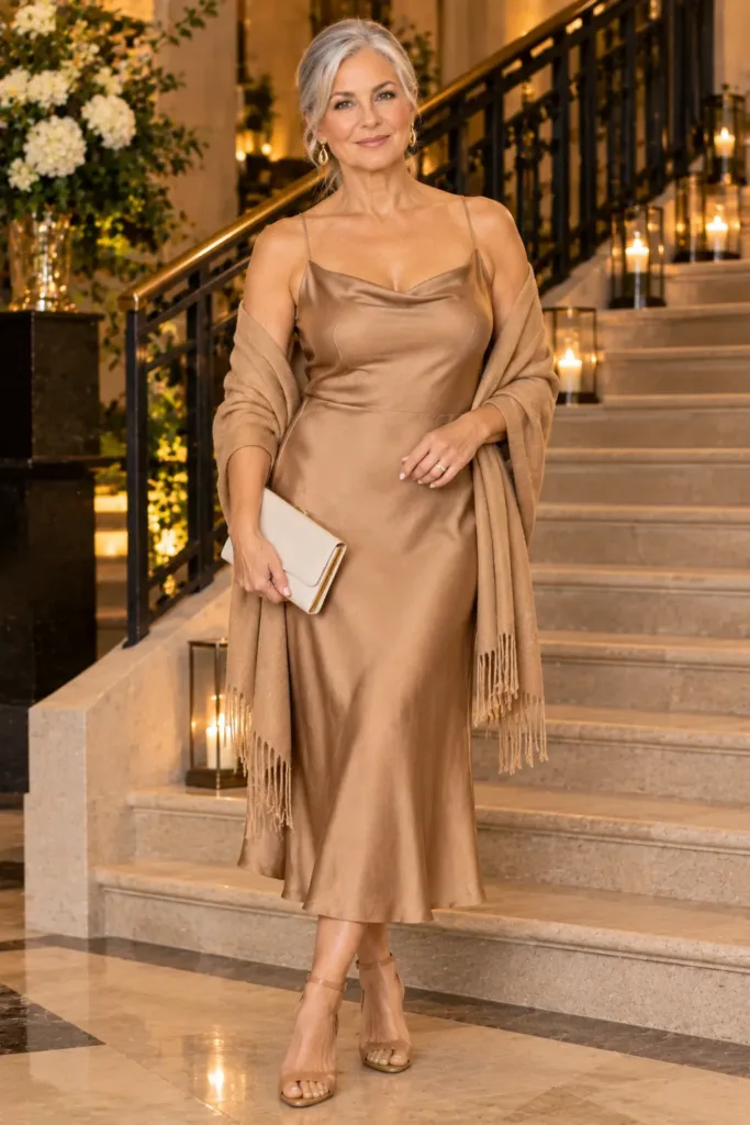 Camel satin dress outfit