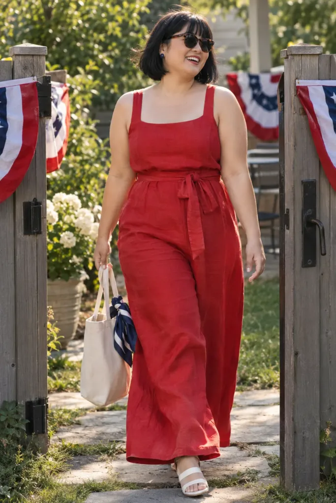 Plus size Fourth of July party outfit in a red wide-leg jumpsuit with white sandals
