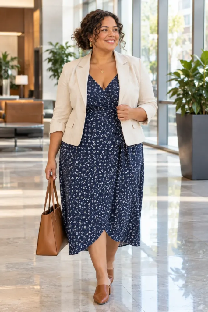 Curvy woman in a navy floral wrap sundress with cream blazer for a summer office look