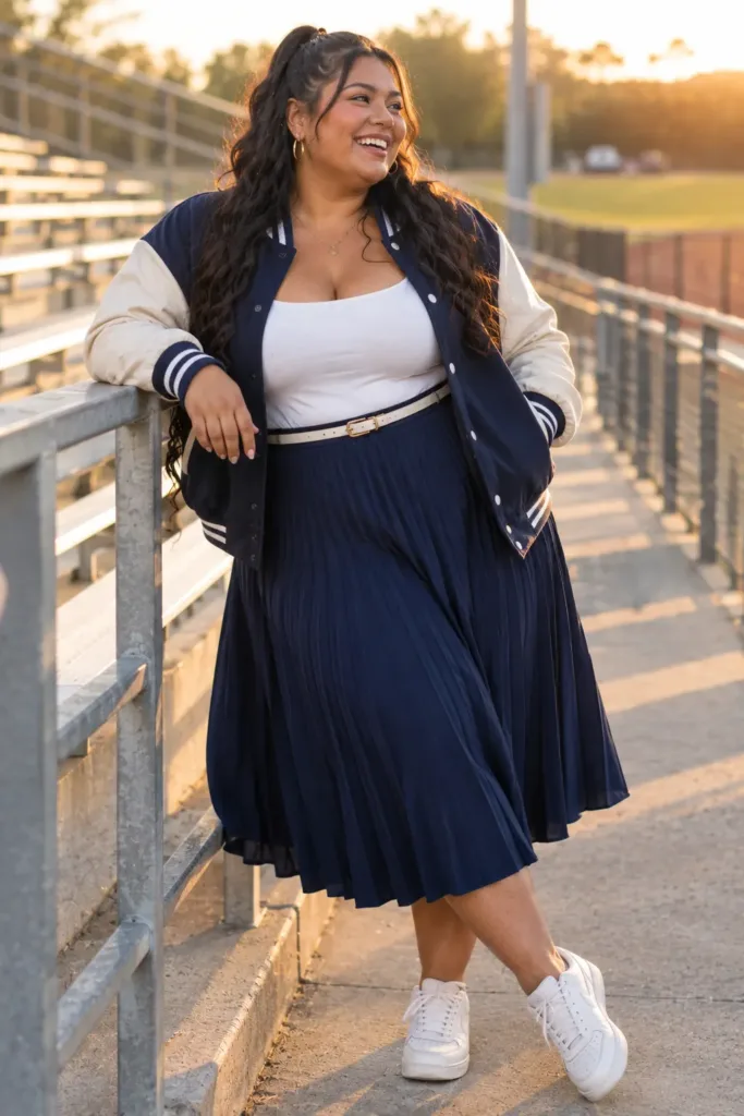 Plus size hoco game-day outfit with a pleated skirt, bodysuit and varsity jacket