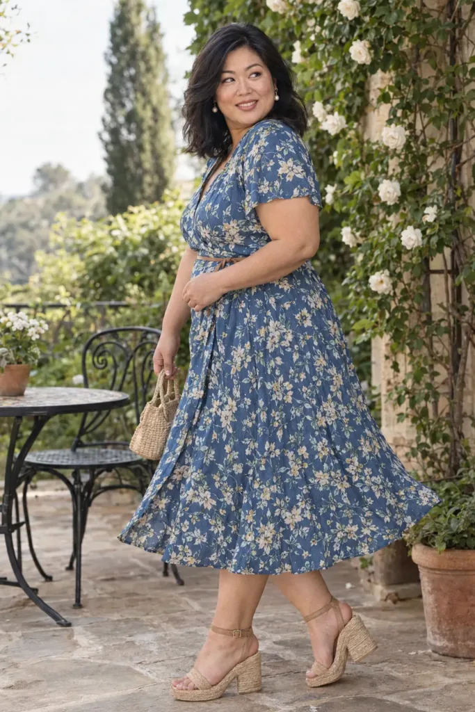 10 Plus Size Summer Brunch Outfits for Curvy Women 3 Curvy woman in blue floral wrap midi dress at a garden summer brunch