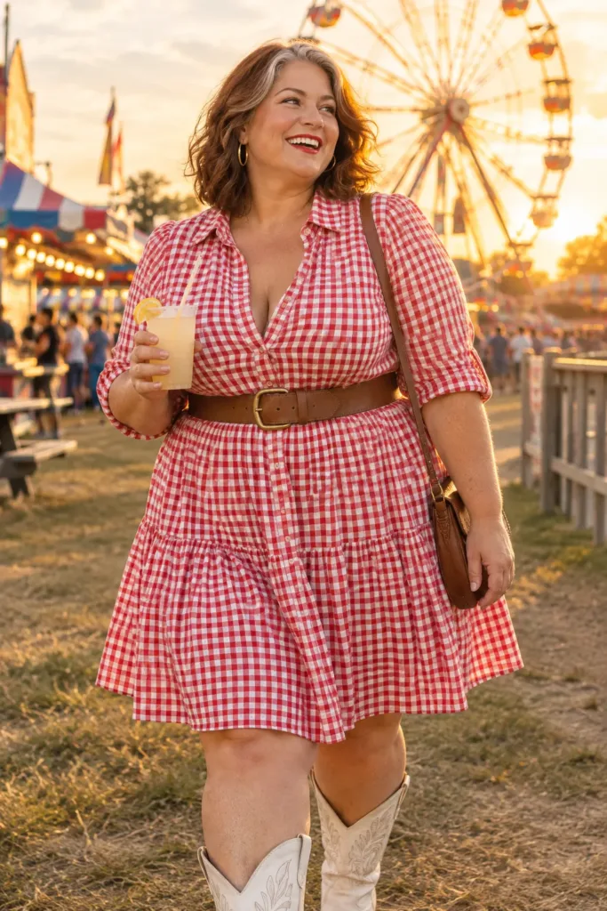10 Stunning Plus Size Concert Outfits That Beat the Summer Heat 7 Curvy woman in red gingham shirt dress and white cowboy boots at a county fair concert