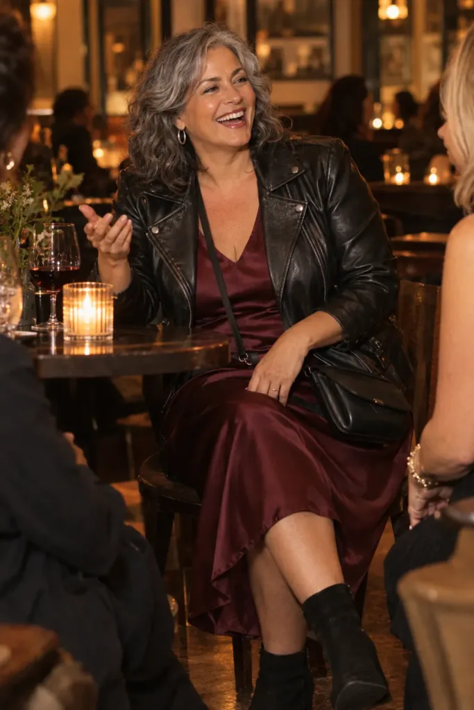Woman over 50 in leather jacket