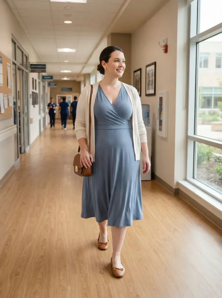 Plus size healthcare worker casual outfit for a non scrub spring workday