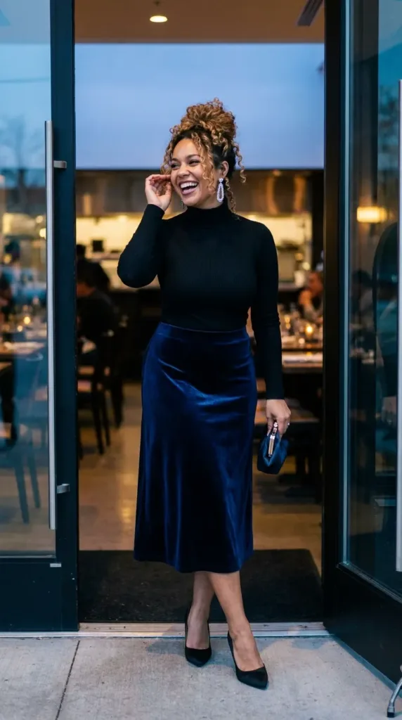 Woman in a black turtleneck bodysuit with a midnight blue velvet midi skirt