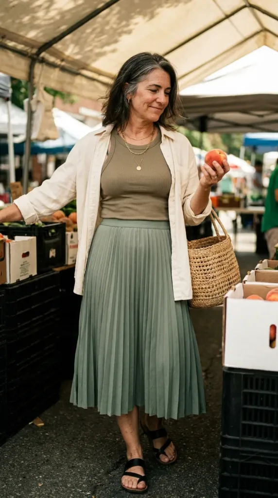Woman in a khaki ribbed tank and pleated midi skirt exploring a humid-weather market in wrinkle-resistant travel tops