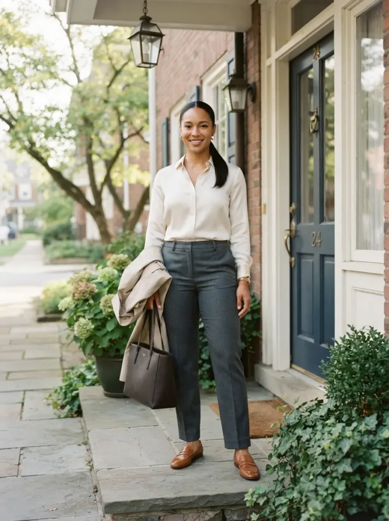 Plus size hybrid work outfit with a trench coat for unpredictable spring weather