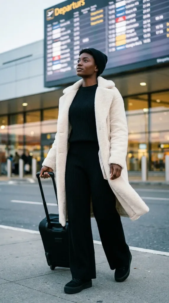Woman in a long ivory faux shearling jacket over a black ribbed knit set with platform sneakers