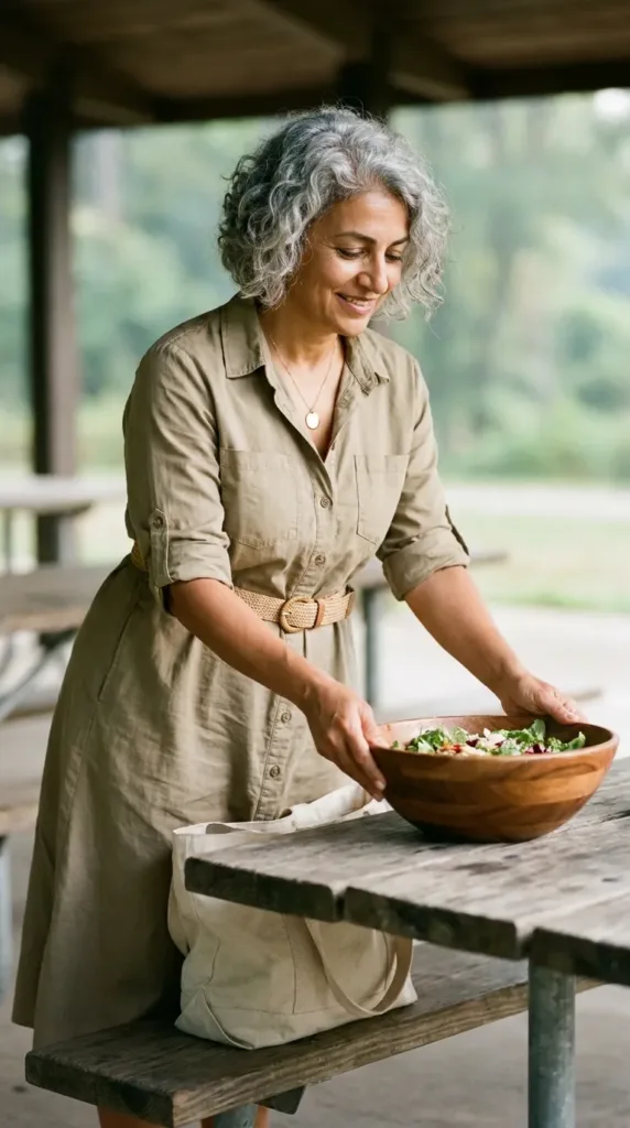 Woman in belted khaki shirt dress at a Memorial Day picnic pavilio