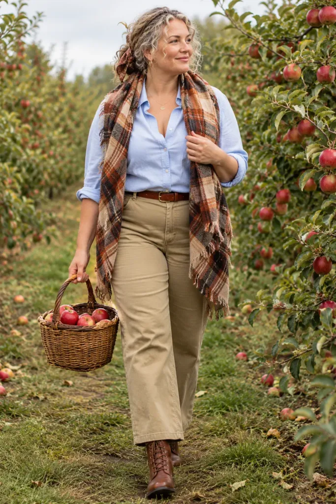 Woman in khaki trousers, light blue shirt and plaid scarf at an apple orchard, casual autumn outfit for curvy women