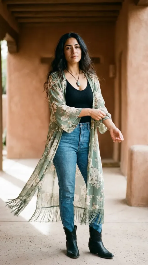 Woman in a floral kimono duster, black tank, straight jeans and western boots, a soft Boho western outfit