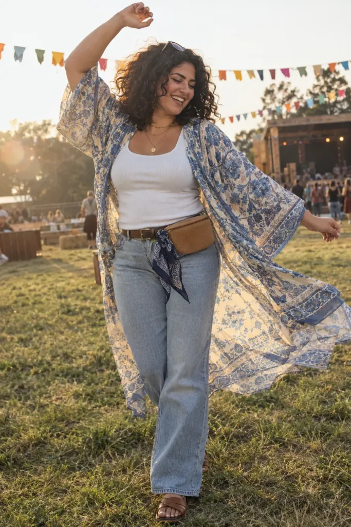 Plus size woman in a cool blue kimono duster and straight-leg jeans at a festival, a boho summer outfit