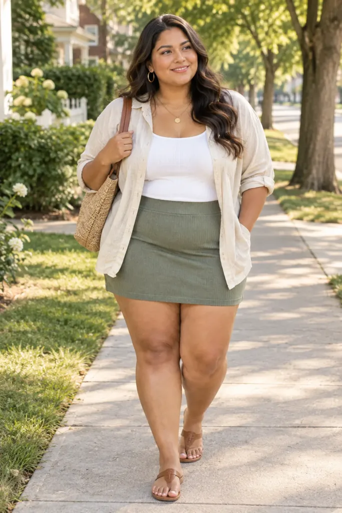 Plus size knit mini skirt outfit in sage green with an open linen shirt and leather sandals