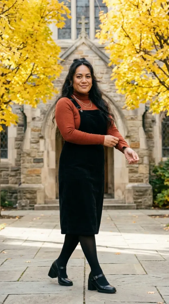 Woman in a rust turtleneck bodysuit under a black corduroy pinafore dress
