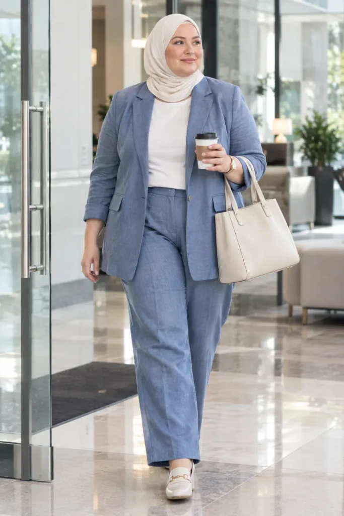 Curvy woman in a blue linen blazer set and ivory hijab walking through an office lobby in summer