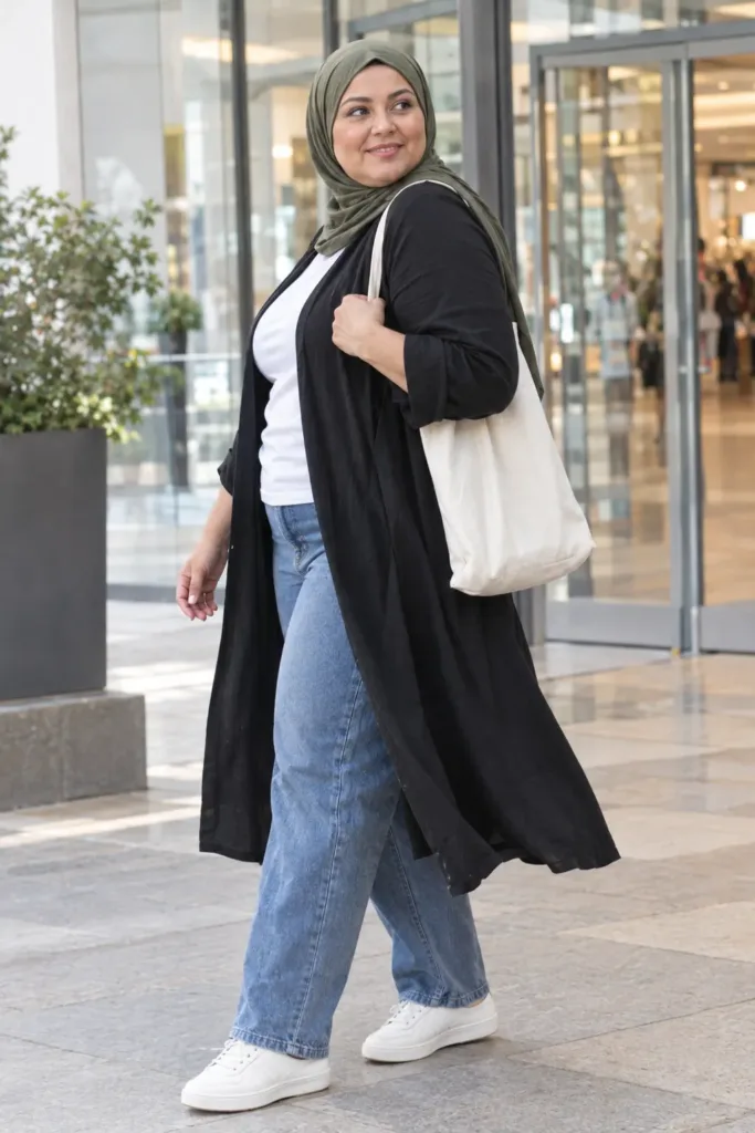 Plus size hijab outfit with a black crepe duster, white tee, straight jeans and olive hijab for shopping