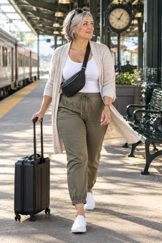 Plus size woman in khaki linen joggers, white tank and cardigan walking with a carry-on suitcase