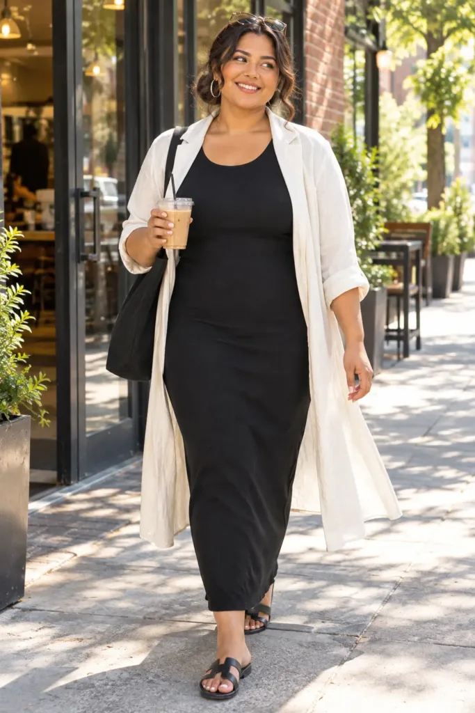Curvy woman in black column maxi dress with ivory linen duster outside a coffee shop